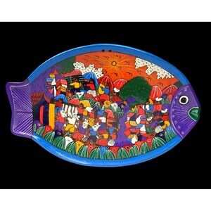 Mexican Folk Art Fish Story Plate Terracotta Clay Pottery Hand Painted Wall Art